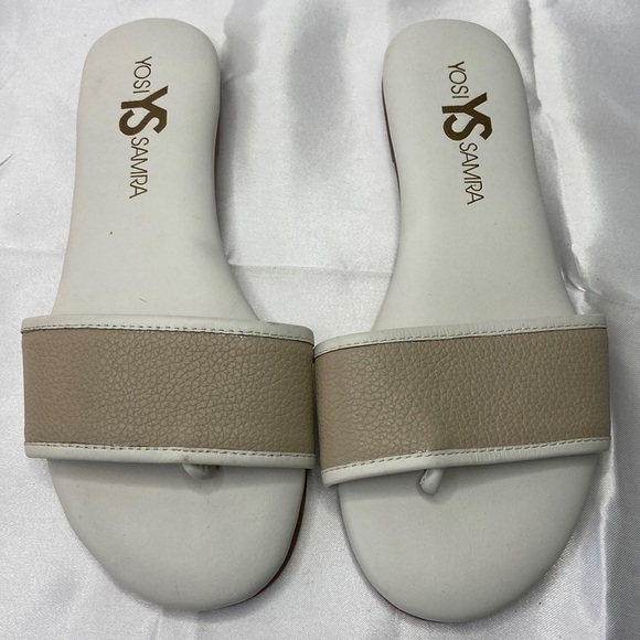 Yosi Samra Rory Beige & Biscotti Cowhide Padded Foot Bed Slides Sandal Size 5 - Picture 4 of 10